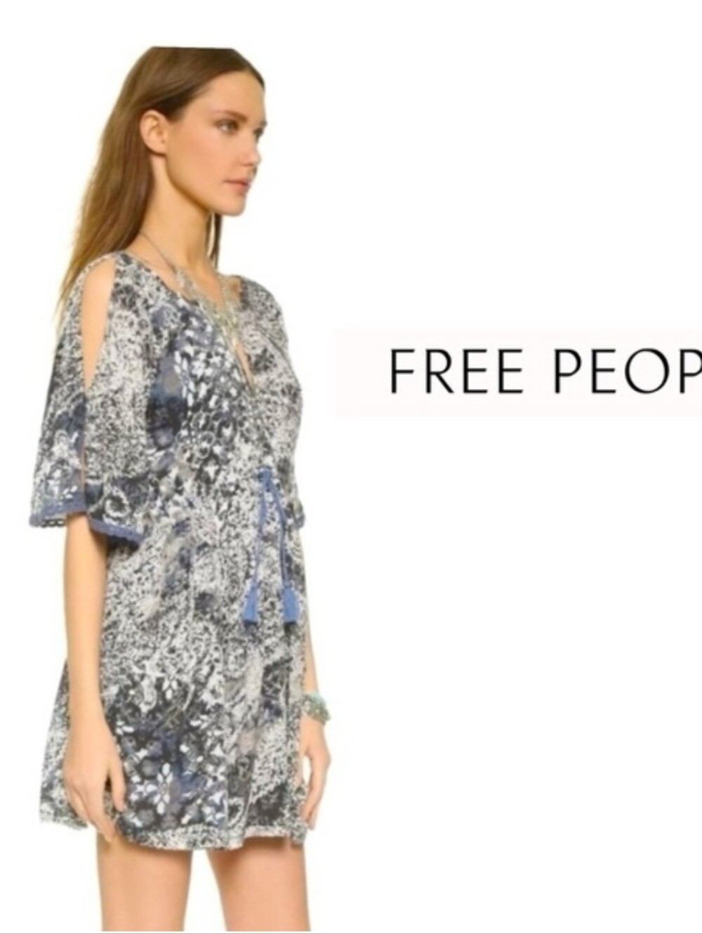 Free People Boho Blue Love Birds Cold Shoulder Mini Dress Size S Print Crochet